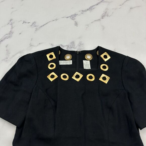 Liz Claiborne Womens Vintage 90s Linen Sheath Dress Size 4 Petite Black Gold - Picture 2 of 9